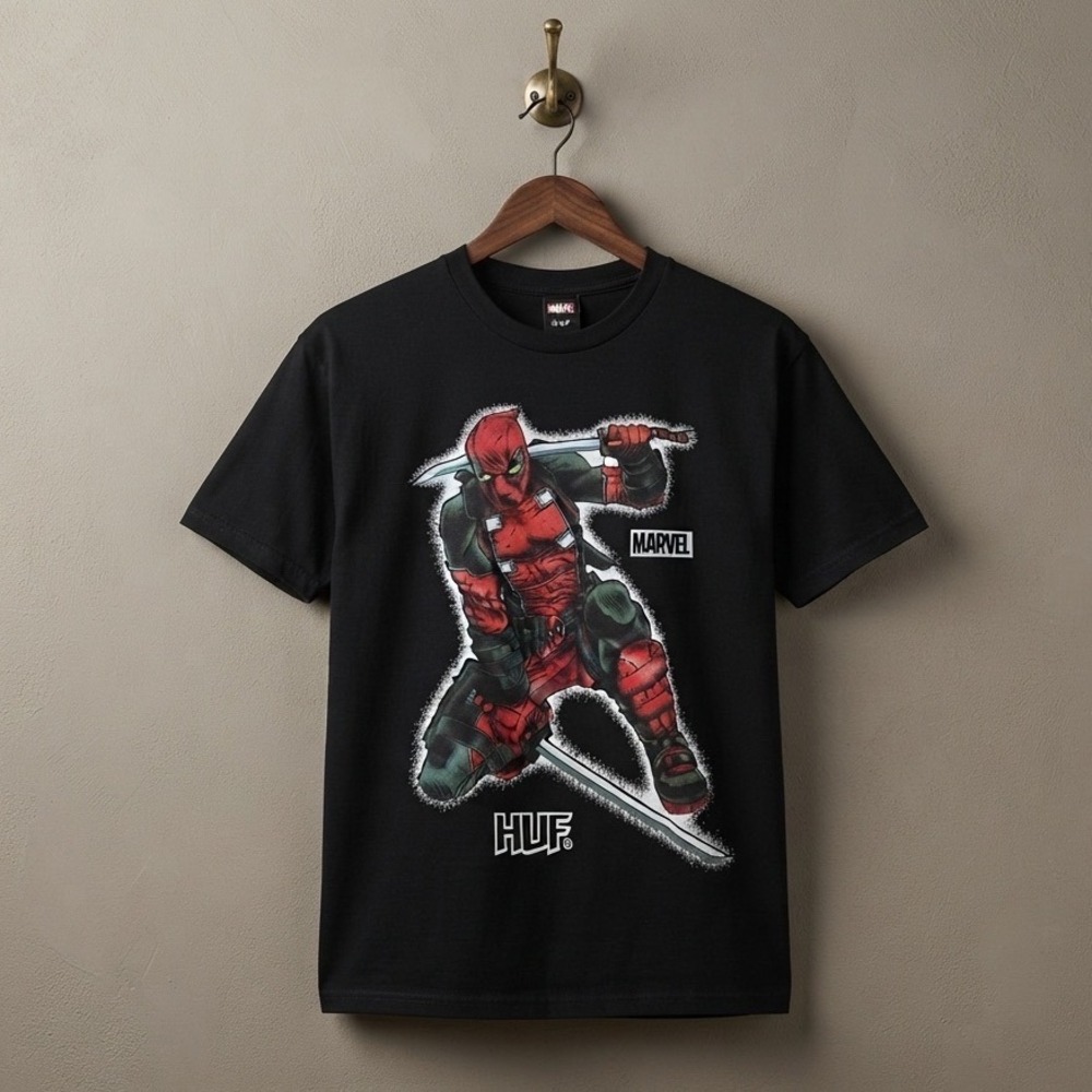 HUF x Marvel Deadpool Graphic T-Shirt Black XL Short Sleeve Tee Streetwear